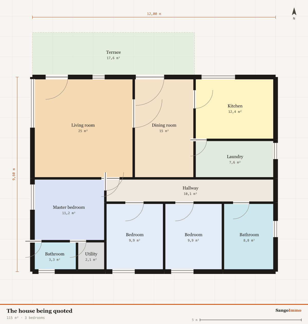Floor plan of the 3-bedroom house used in the worked quote example, 115 m².